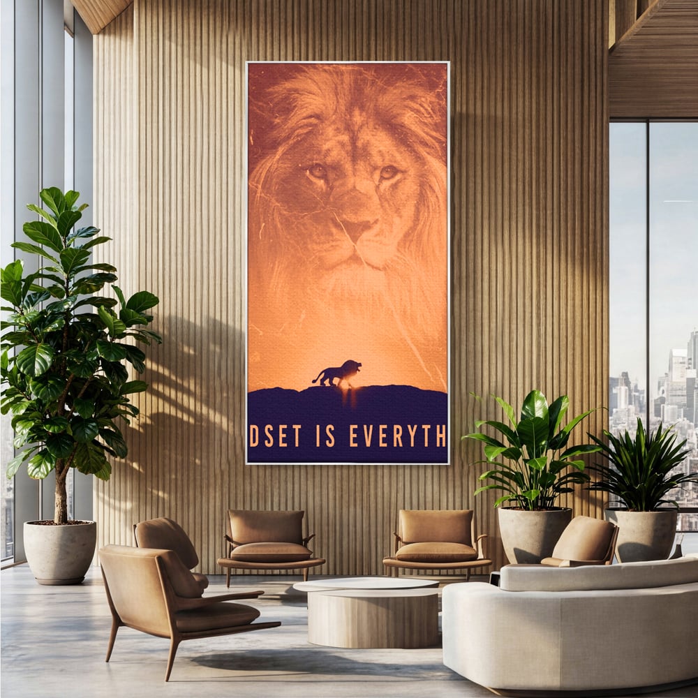 Tablou canvas cu tablou motivational cu leu si silueta, in rama de aluminiu argintiu, pe perete intr-un birou